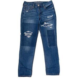 American Eagle Tomgirl Distressed Button Fly Jeans Size 4 Patched Cotton Denim
